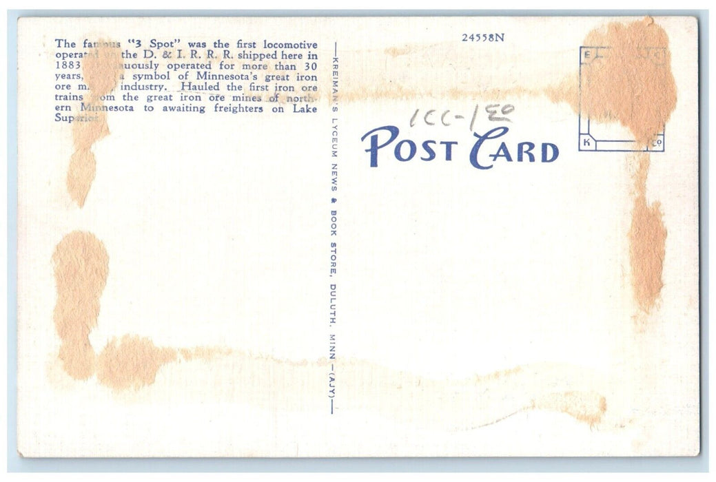 c1940 Memorial Engine Spot Locomotive Train Engine Duluth Minnesota MN Postcard