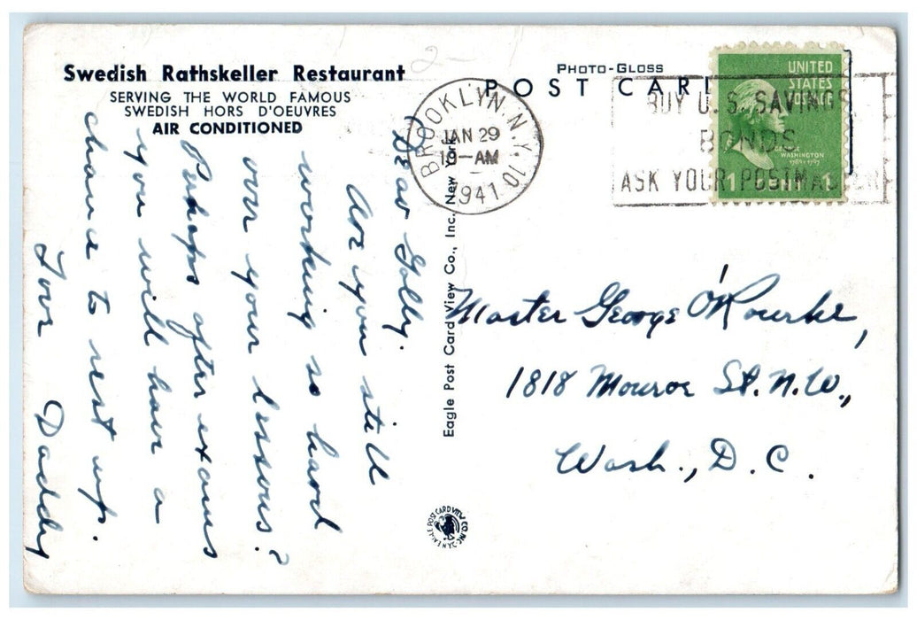 1941 Swedish Rathskeller Restaurant Street Hors New York City New York Postcard