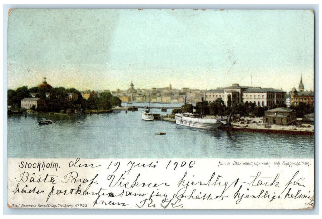 1906 Stockholm Sweden Bridge Boat Sailing River Buildings Antique Postcard