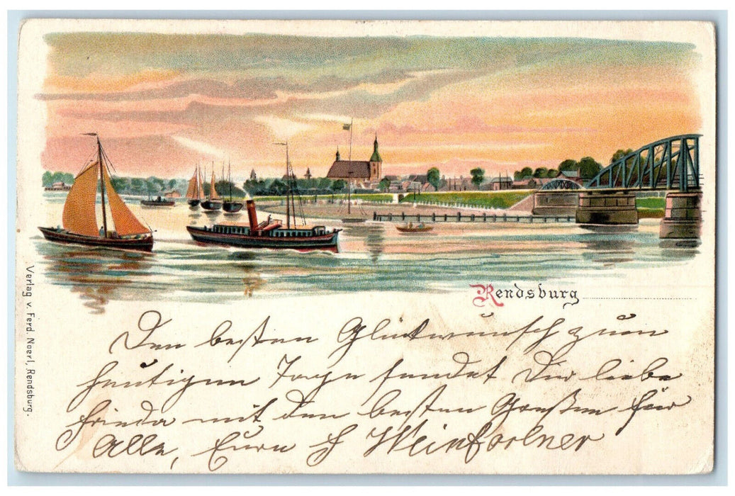 c1905 Rendsburg Schleswig-Holstein Germany Sailboat Scene Antique Postcard