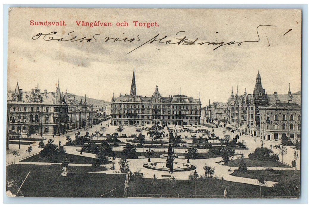 c1910 Sundsvall Vangafvan and the Square Sweden Posted Antique Postcard