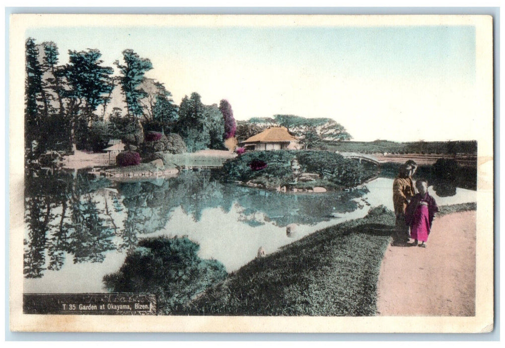 c1910 Pond Small Bridge Garden at Okayama Bizen Japan Antique Posted Postcard