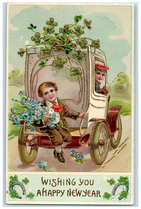 New Year Boys Riding Car Flowers And Shamrock Horseshoe Gel Gold Gilt Postcard