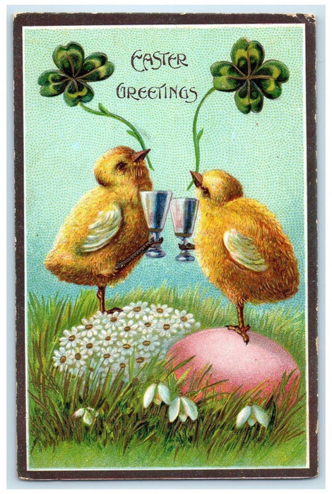 Easter Greetings Shamrock Chicks Toasting Champagne Egg Daisy Flowers Postcard