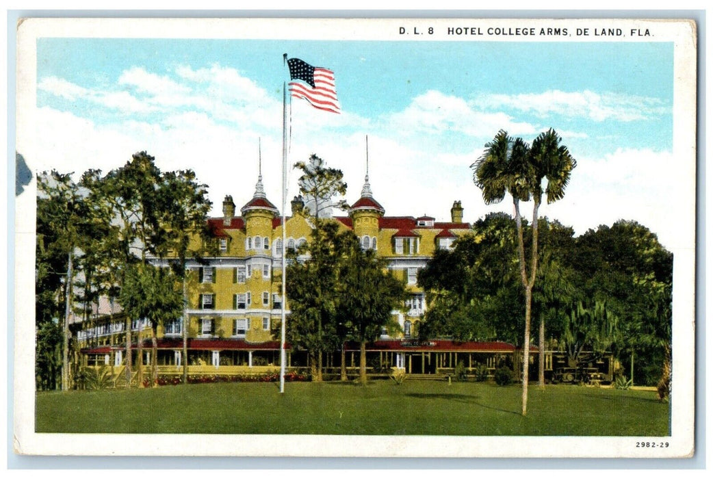 c1920 Exterior View Hotel College Arms Building Flag De Land Florida FL Postcard