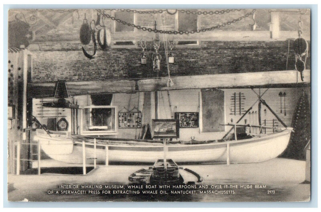 1951 Interior Whaling Museum Whale Boat Harpoon Nantucket Massachusetts Postcard