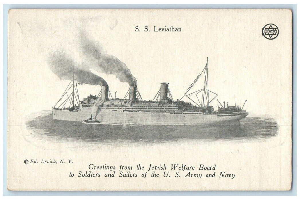 c1910's SS Leviathan Greetings From The Jewish Welfare Board Soldiers Postcard