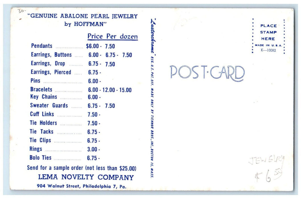 Genuine Abalone Pearl Jewelry By Hoffman Price Per Dozen Advertising Postcard