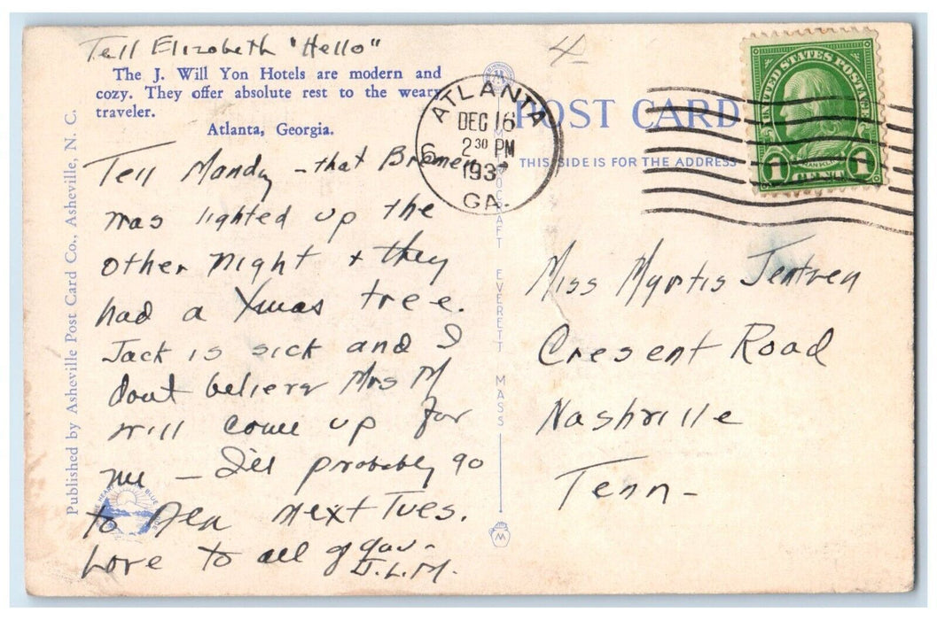 1937 Multi-View Atlanta Cox Carlton Hotel J Will Hotels Atlanta Georgia Postcard