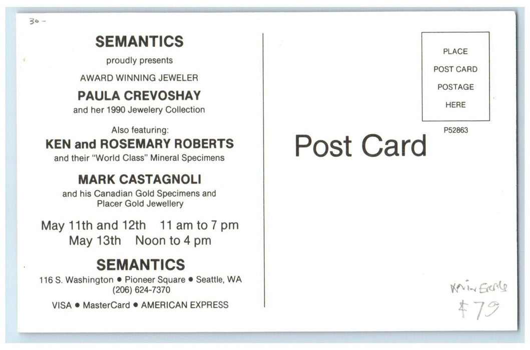 Semantics Seattle Washington WA, Award Winning Jeweler Paula Crevoshay Postcard