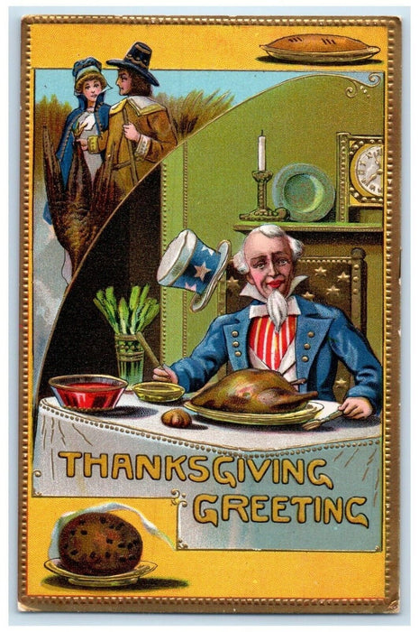 1909 Thanksgiving Greetings Uncle Sam Fried Turkey Embossed Antique Postcard