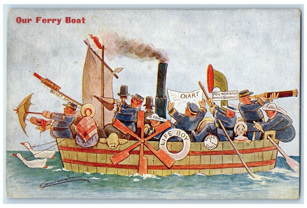 c1905 Our Ferry Boat Military Soldier Fog Horn Rocket Apparatus Chart Postcard