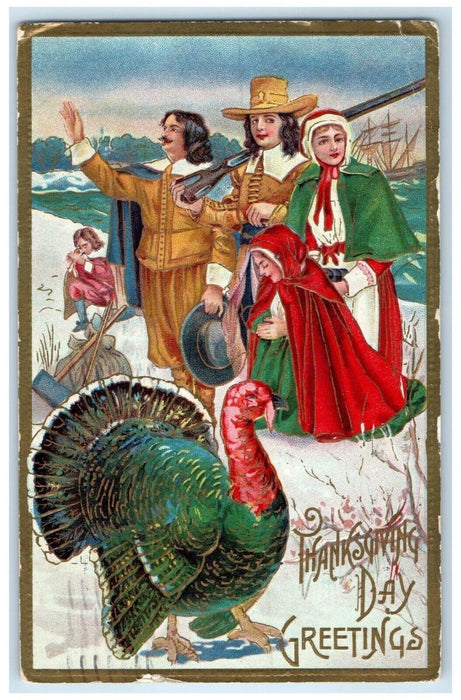 1909 Thanksgiving Greetings Turkey And Family Embossed Minneapolis MN Postcard