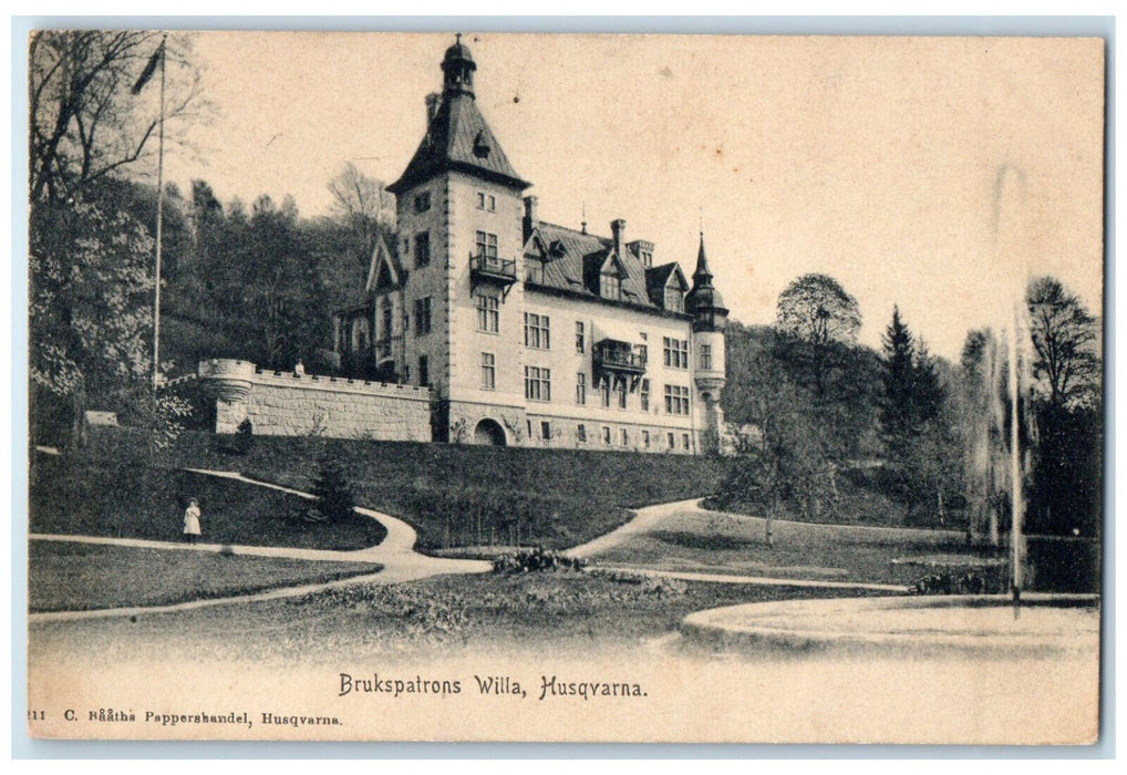 c1910 Brukspatrons Willa Husqvarna Sweden Fountain Building Postcard