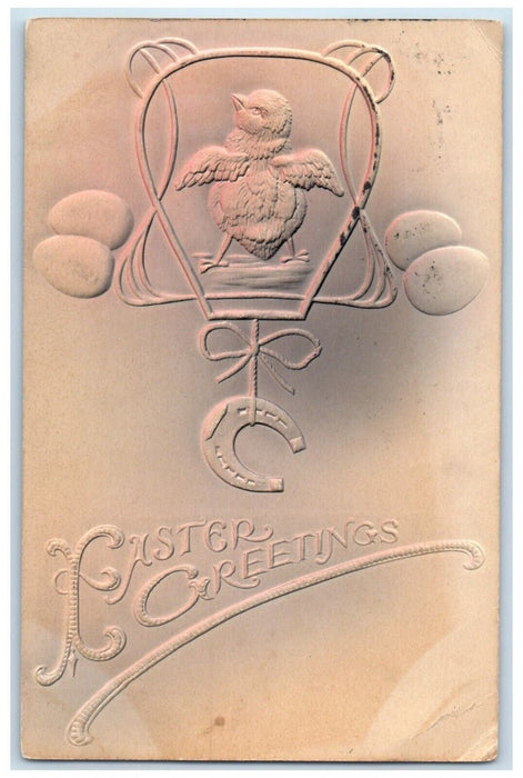 1909 Easter Greetings Chick And Eggs Airbrushed Embossed Kalamazoo MI Postcard