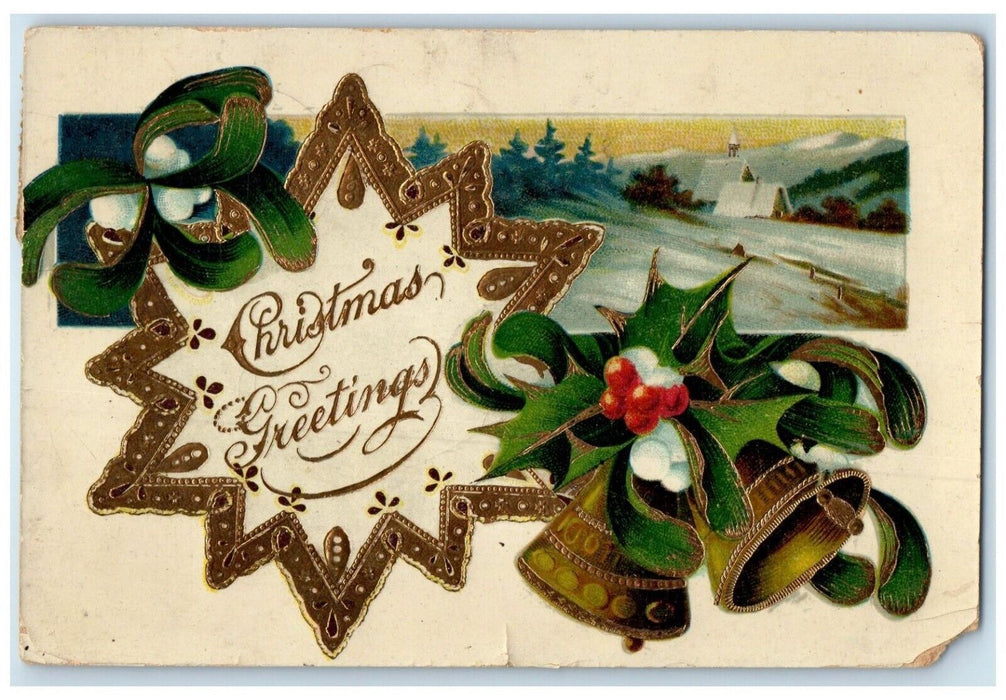 1912 Christmas Greetings Bells Mistletoe Gel Gold Gilt Russiaville IN Postcard