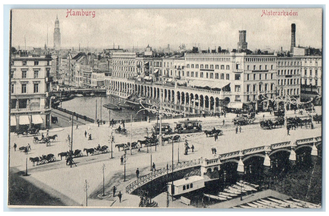 c1910 Alsterarkaden Hamburg Germany Trolley Car Horse Carriage Postcard