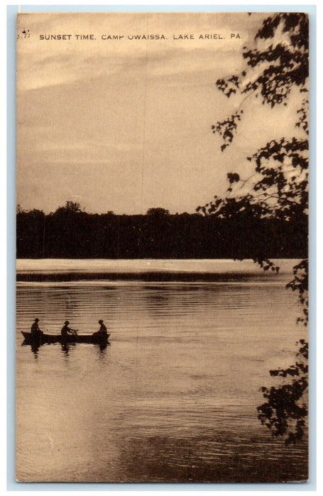 c1940 Canoeing Boat Sunset Time Camp Owaissa Lake Ariel Pennsylvania PA Postcard