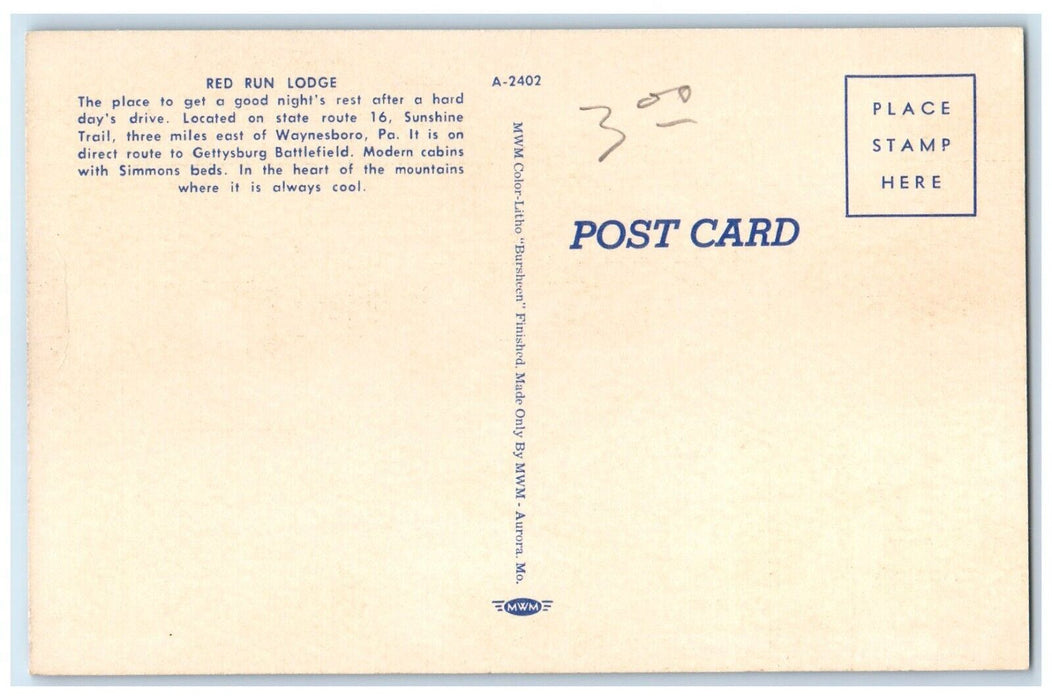 c1940 Red Run Lodge Sunshine Trail Waynesboro Pennsylvania PA Unposted Postcard