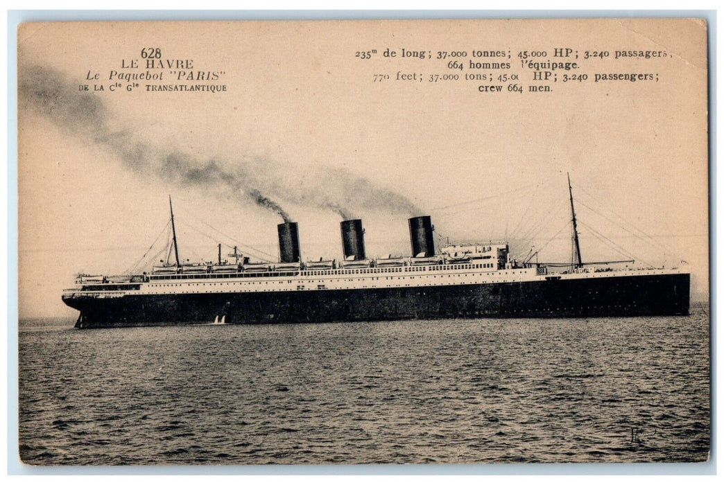 c1910 Transatlantique The Paris Liner Le Havre Normandy France Postcard