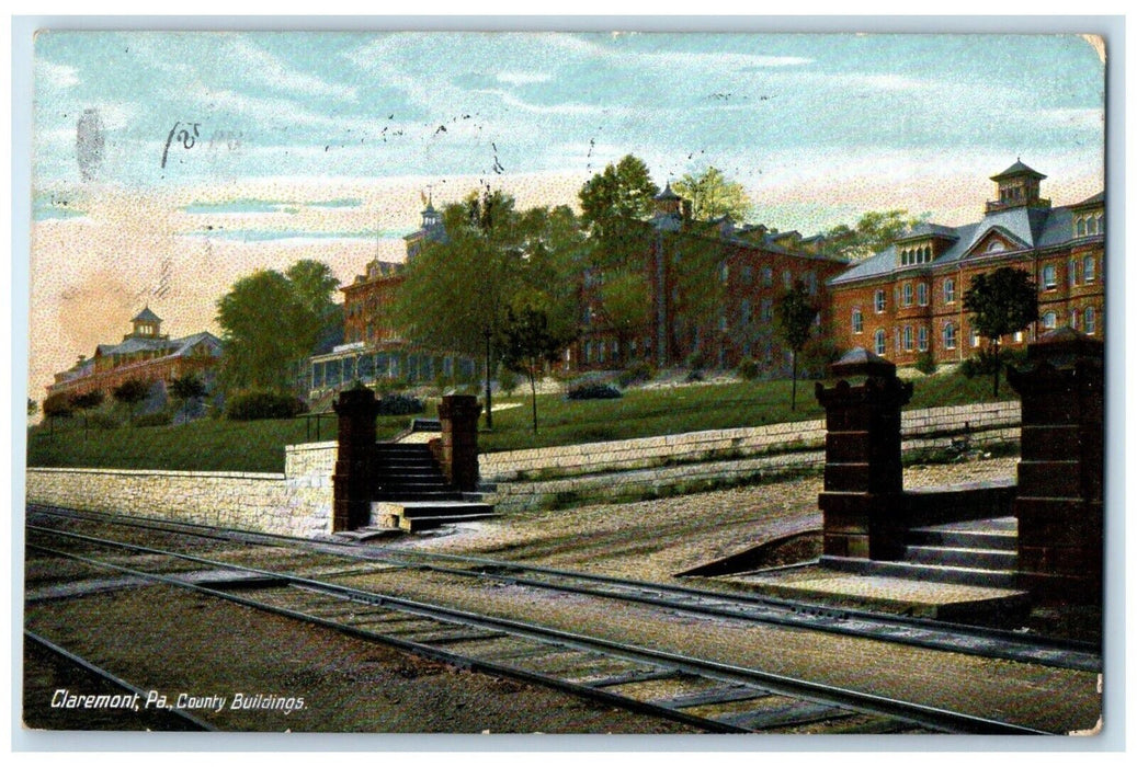 1910 County Buildings Railroad Scene Claremont Pennsylvania PA Antique Postcard