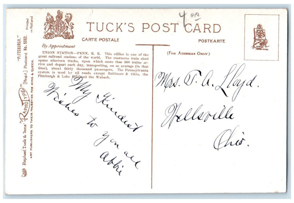 c1910's Union Station Pennsylvania RR Railroad Pittsburg PA  Tuck's Postcard