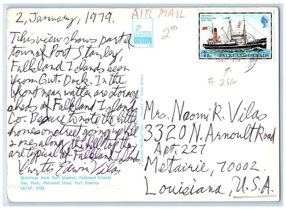 1979 Greetings from Port Stanley Falkland Islands Des Peck Antique Postcard