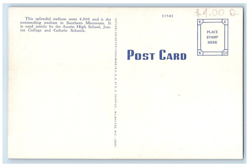 c1950's Athletic Field Stadium Night View Austin Minnesota MN Vintage Postcard