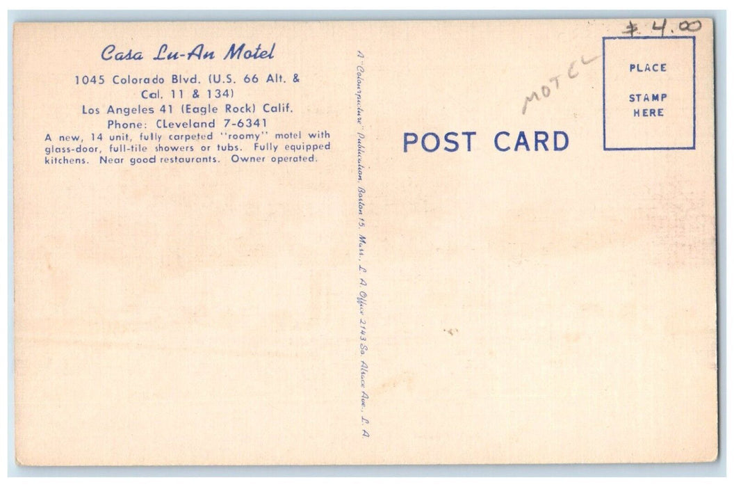 Casa Lu An Motel Roadside Cars Roadside Los Angeles California CA Postcard