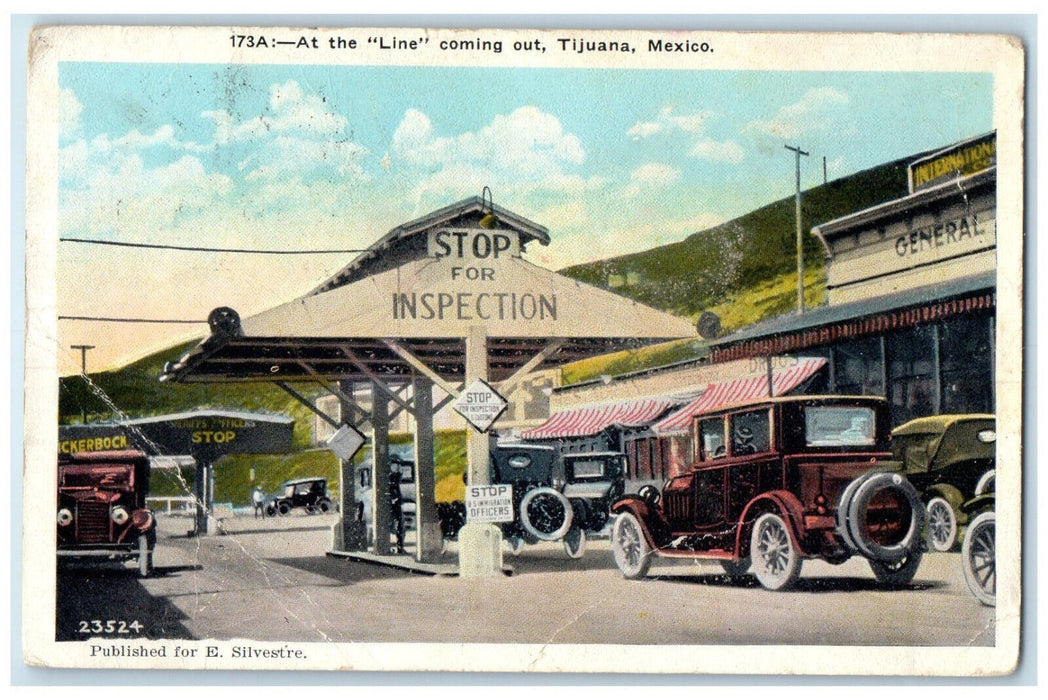 1927 Stop for Inspection At The Line Coming Out Tijuana Mexico Postcard