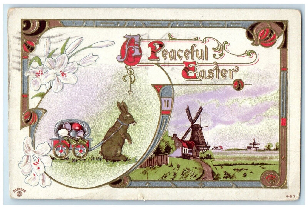 1911 Easter Windmill Rabbit Pulling Wagon With Eggs Embossed Antique  Postcard