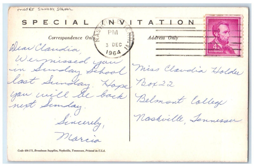 1964 The Ten Commandments Moses Sunday School Nashville Tennessee TN Postcard