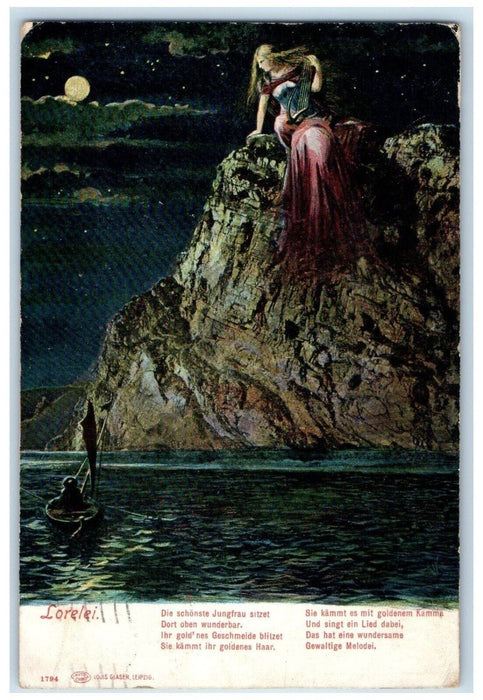 1909 Lorelie Woman On Top Of Rock Moonlight Buffalo New York NY Antique Postcard