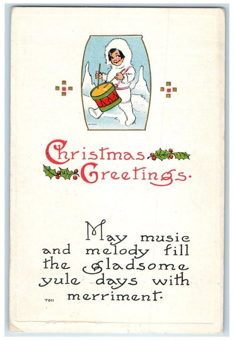 1914 Christmas Greetings Little Boy Drummer Winter Scene Buffalo NY Postcard