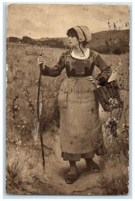 1911 Pretty Woman Basket Scene Field Boston Massachusetts MA Phostint Postcard