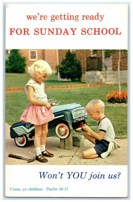 Cute Children We're Getting Ready For Sunday School Toy Metal Car Postcard