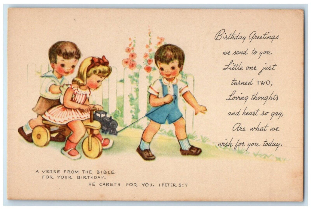 Birthday Greetings Children Playing Train Flowers Sunday School Vintage Postcard