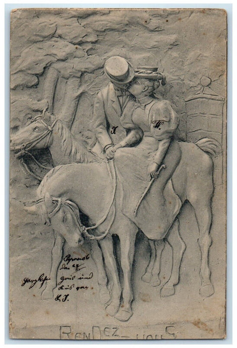 c1905 Couple Kissing Romance Riding Horse Rendez Hungary Antique Postcard