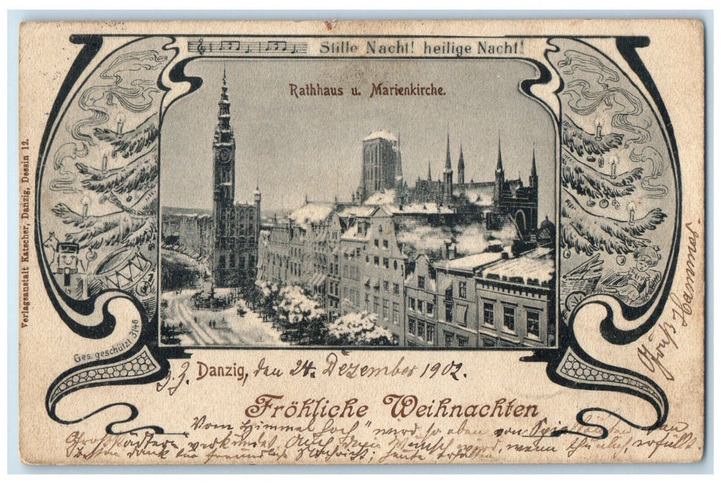 1902 Town Hall St. Mary's Church Gdansk Poland Merry Christian Postcard