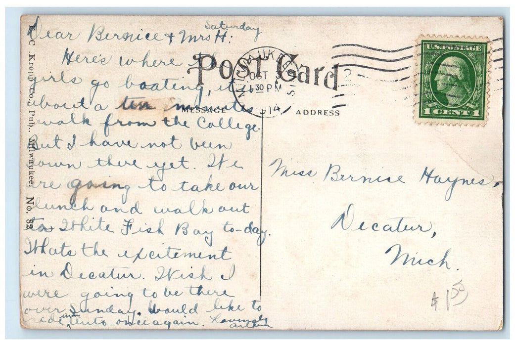 1914 Gordon Park Milwaukee River Boat Scene Milwaukee Wisconsin WI Postcard