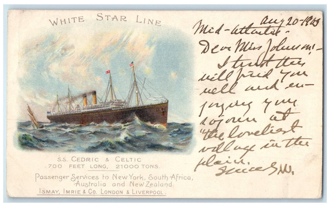 1903 White Star Line SS Cedric & Celtic Servicing NY New Zealand PMC Postcard