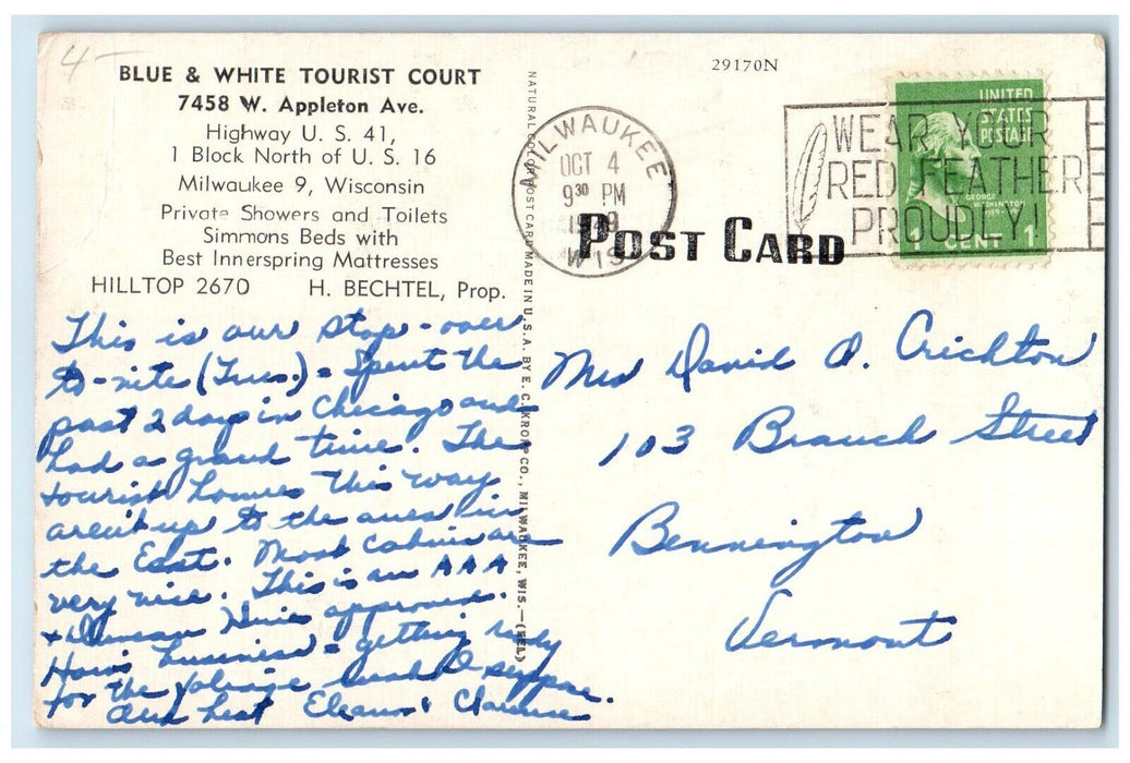 1946 Aerial View Blue White Tourist Court Motel Milwaukee Wisconsin WI Postcard
