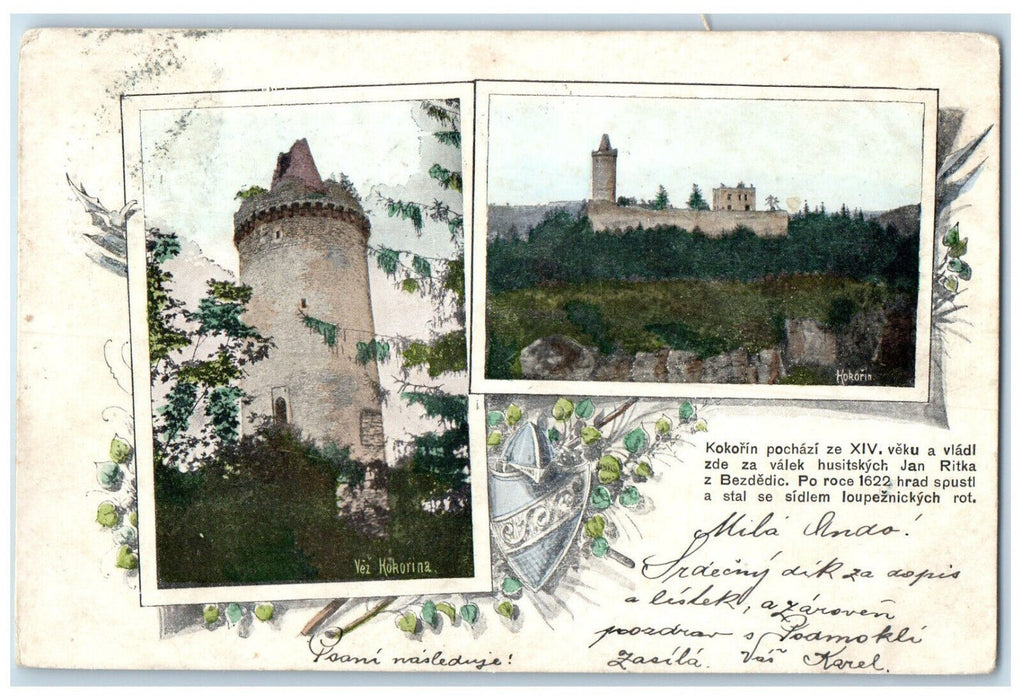 c1905 Tower at Kokorin Castle Austria Multiview Antique Posted Postcard
