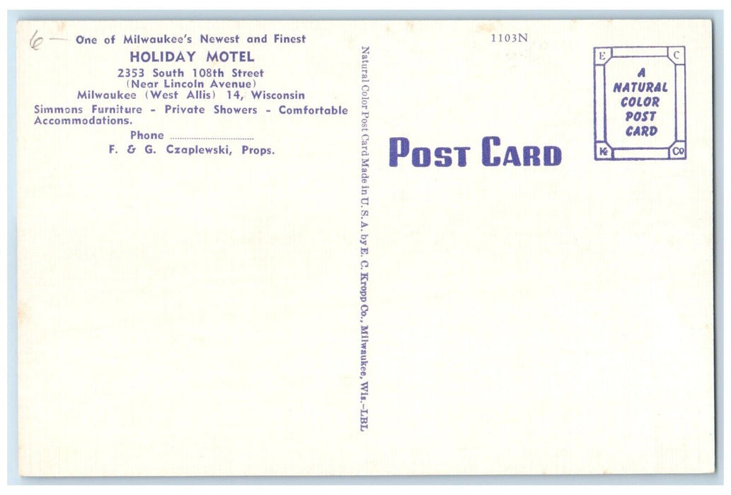 c1950's Holiday Motel On Highway 100 And 45 Milwaukee Wisconsin WI Postcard