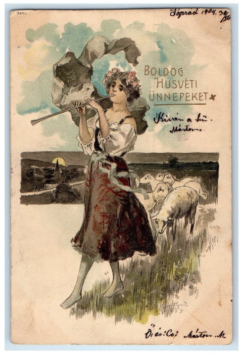 1904 Easter Pretty Woman Flute Sheep Hungary Embossed Posted Antique Postcard