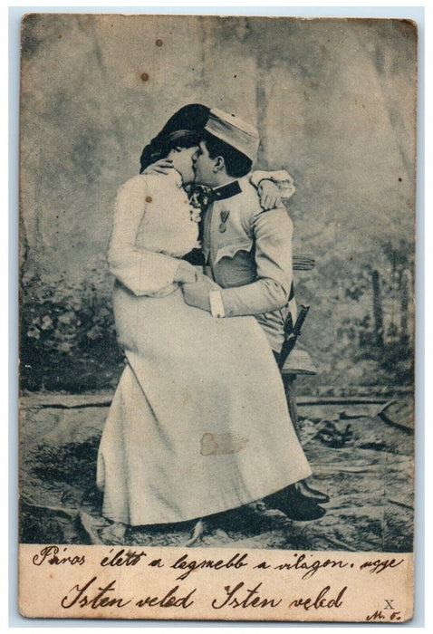 1903 Couple Kissing Romance Soldier Studio Hungary Posted Antique Postcard