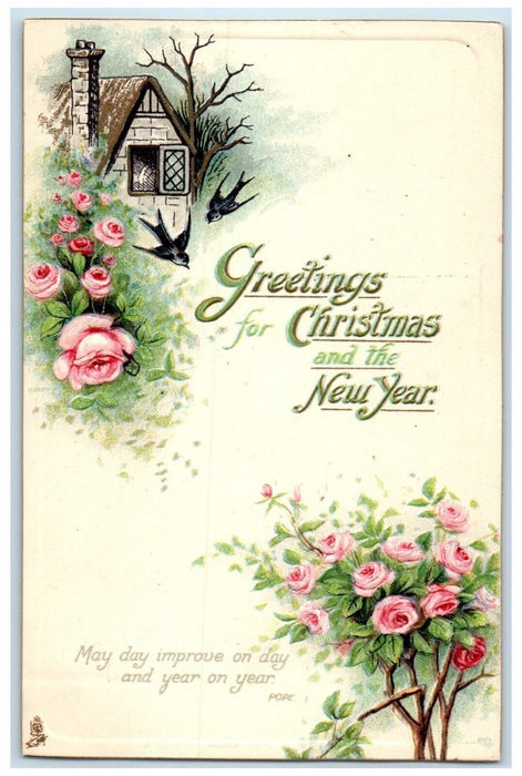 c1910's Christmas New Year Greetings Flowers Birds Embossed Tuck's Postcard