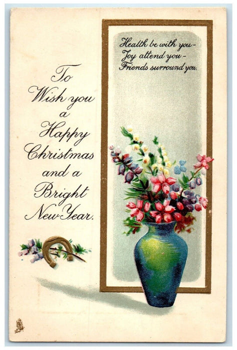 c1910's Christmas New Year Horseshoe Flowers In Vase Tuck's Antique Postcard