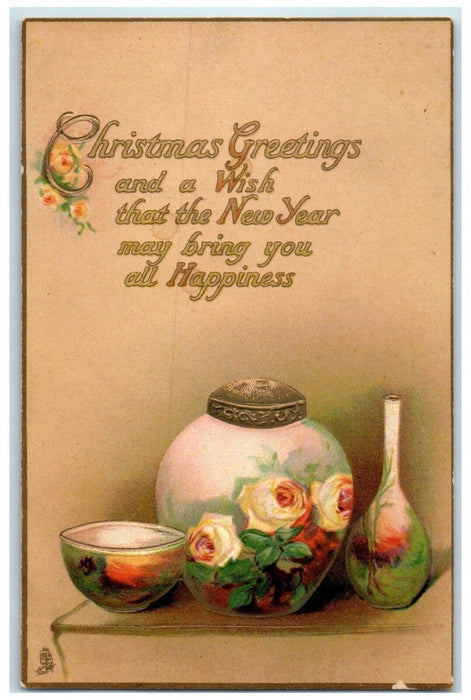 1914 Christmas Greetings New Year Floral Jar Embossed Tuck's Antique Postcard