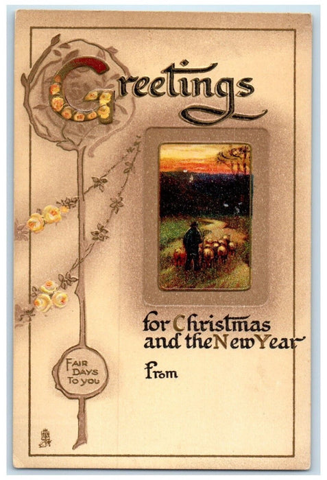 c1910's Christmas And New Year Greetings Flowers Embossed Tuck's Postcard